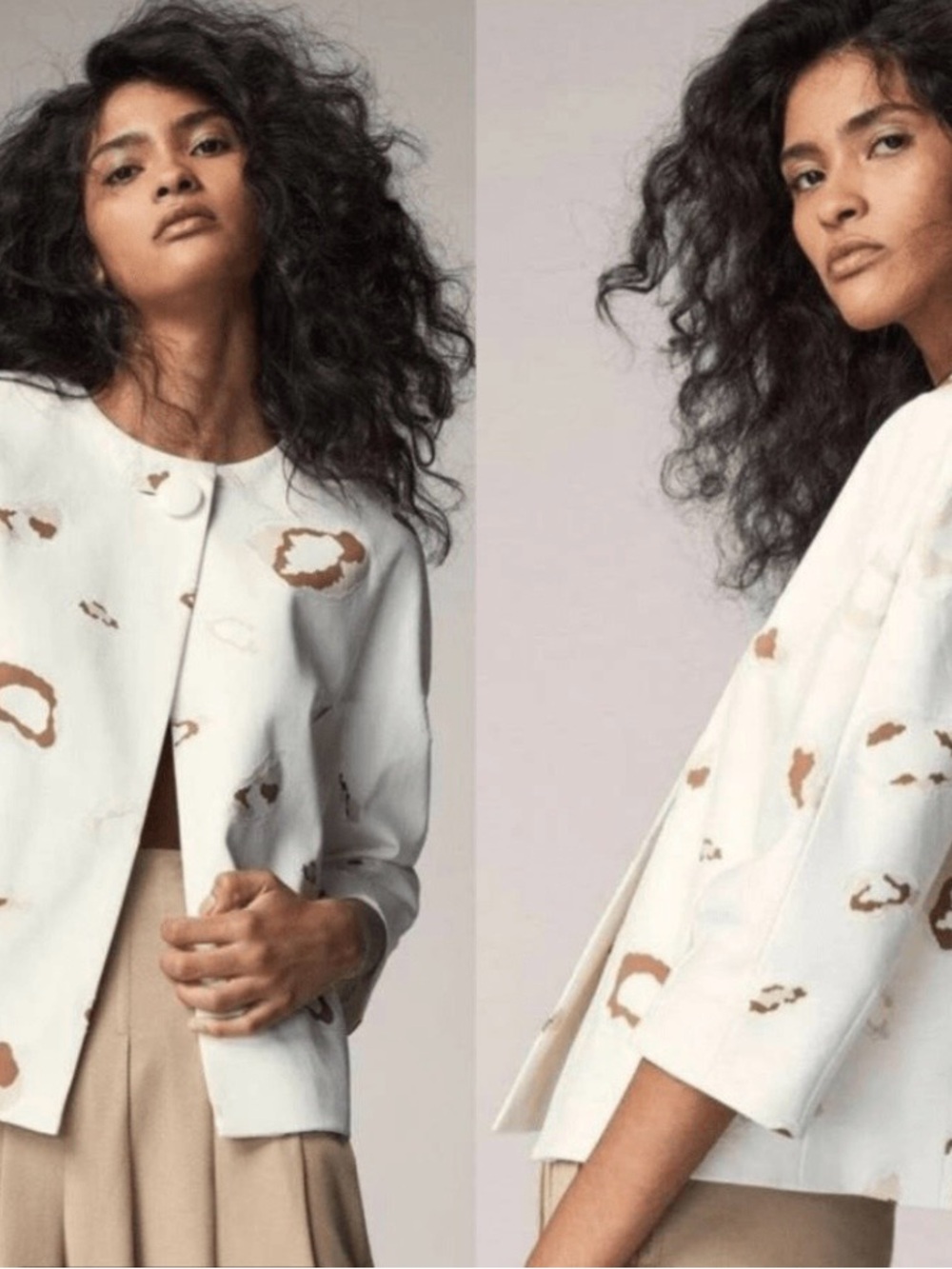 Massimo Dutti Cream Cropped Jacket with Tan Spot Pattern